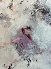 Detail of the abstract painting with layered brushstrokes and splatters in off-white, gray, charcoal, muted purple, and dusty pink.