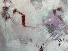 Detail of the abstract painting with textured brushstrokes in gray, white, lavender, burgundy, and soft pink, with gestural lines and layered paint across the canvas.