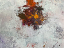 Detail of the abstract painting with textured brushstrokes in off-white, gray, brown, rust orange, and touches of yellow and purple.