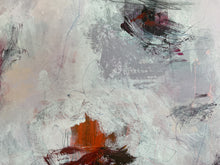 Detail of the abstract painting with textured brushstrokes in gray, off-white, black, and rust red, filling the entire frame.