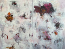 Large abstract diptych with a pale layered ground, scattered gestural marks, a rust-coloured form on the left and a dominant burgundy and magenta concentration on the upper right.