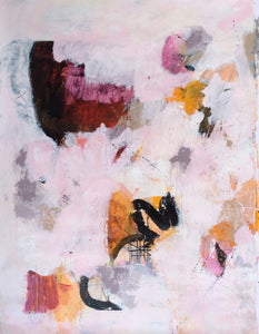 left part of a diptych-abstract painting titled 'Vibrant Silence' featuring a light background achieved through layering paint. Dynamic shapes and expressive mark-making in dark reds, pinks, pops of orange, blacks, and greys create a visually captivating composition, evoking a sense of adventure, discovery, and quiet energy.