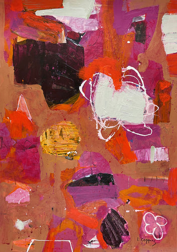 Abstract painting titled 'Vivid Glow' featuring intense oranges, gold, magenta, and soft light shapes, designed to bring brightness and energy to interior spaces