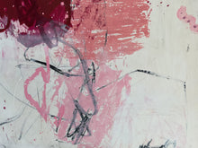 Detail of the painting showing pink and black brush strokes on a textured white background