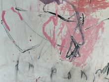 Detail of the painting showing pink and black line work on a textured white background