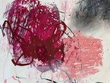 Detail of the painting showing a prominent red flower-like shape on a multicolored background