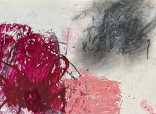 Detail of the painting showing pink and black brush strokes on a textured background