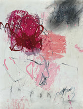 Contemporary abstract painting with layered crimson and pink forms, smoky grey-black atmospheric passages, gestural linework and partially erased marks on a pale background, suggesting emotional tension, silence and unstable emergence.