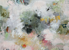 Detail of the abstract painting featuring textured impasto brushstrokes in shades of off-white, gray, sage green, black, and soft yellow accents.