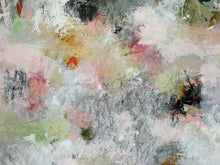 Detail of the abstract expressionist painting featuring textured, layered brushstrokes in soft gray, white, pale green, pink, beige, and touches of yellow and black.