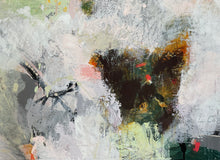 Detail of the abstract painting with textured impasto brushstrokes in white, gray, black, olive green, and touches of rust orange and pale pink.