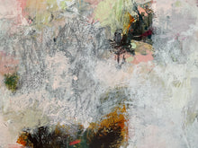 Detail of the abstract painting with textured brushstrokes in shades of gray, white, soft pink, muted green, and small accents of orange and dark brown.