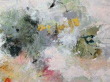 Detail f the abstract painting featuring textured impasto brushstrokes in shades of gray, white, soft pink, sage green, and splashes of yellow, red, and black.