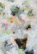 Contemporary abstract painting featuring layered pale greens, soft pinks, whites and greys with subtle dark forms emerging from an airy textured surface. A dark central anchor balances an open field of fragmented gestures and translucent layers.
