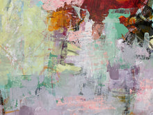 Detail of the abstract painting with layered brushstrokes in pastel green, lavender, pink, gray, orange, and deep red, with expressive gestural marks across the full frame.