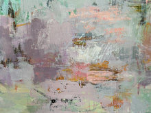 Detai of the abstract painting with layered brushstrokes in muted lavender, sage green, dusty pink, cream, and touches of orange and black.