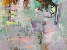 Detail of the abstract painting featuring textured brushstrokes in muted shades of sage green, lavender, dusty pink, gray, and touches of yellow, orange, and dark brown.