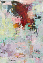 Abstract painting featuring a large textured red form surrounded by layered pale greens, pinks, lilacs and whites, with expressive marks, scraped passages and atmospheric depth