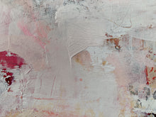 detail of the painting showing textured brush strokes in white, pink, and red on a light background