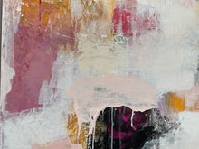 detail of the painting with a mix of white, pink, yellow, and black colors.