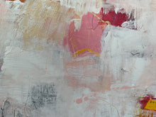 detail of the painting showing pink and yellow elements on a textured surface