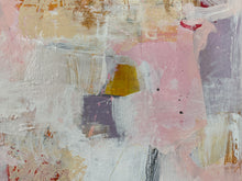 detail of the painting showing pink, yellow, and purple colors on a textured surface