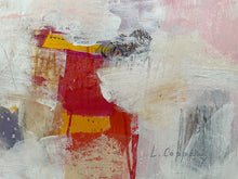 detail of the painting showing the signature, red, yellow, and white colors on a textured surface.