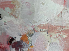 Detail of the abstract painting with thick impasto brushstrokes in off-white, dusty pink, muted coral, and touches of orange, brown, and dark maroon.