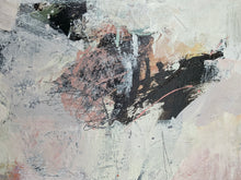 Detail of the abstract mixed-media painting with layered brushstrokes in off-white, black, dusty pink, and soft gray tones.