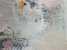 Detail of the abstract painting with textured brushstrokes in off-white, beige, gray, muted pink, and small areas of orange.