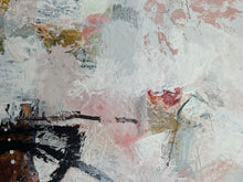 Detail of the abstract painting with textured impasto brushstrokes in white, gray, dusty pink, black, and subtle gold and brown accents.
