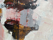 Detail of the abstract expressionist painting with textured impasto brushstrokes in off-white, gray, black, deep red, brown, and gold.