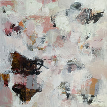 Contemporary abstract painting featuring layered whites, soft pinks, greys and muted earth tones, with fragmented dark forms emerging through textured surfaces. The composition balances atmospheric openness with subtle areas of tension and depth.