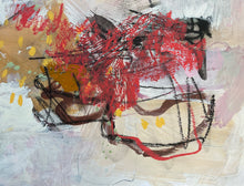 Detail of the painting showing red, black, and brown colors on a textured surface