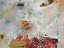 Detail of the painting showing a mix of red, yellow, and black on a light background