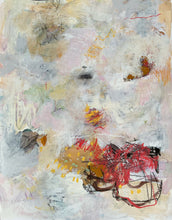 Abstract painting with layered pale whites, greys, soft pinks, and ochres, featuring a partially concealed red cluster in the lower right, scattered drawing marks, and subtle gestural textures suggesting memory and fragmentation.