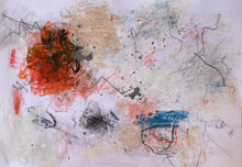 Abstract painting with a dense red and black gestural cluster on the left, a fractured grey line crossing the center, and a blue horizontal accent in the lower right within a pale, layered background.
