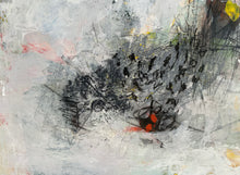 Detail of the painting showing black, red, and yellow elements on a textured white background