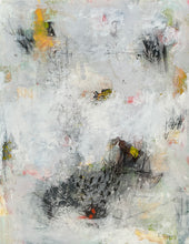 Abstract painting in layered whites, greys, and soft muted tones with fragmented charcoal-like marks, subtle textures, and a darker gestural form emerging near the lower center.