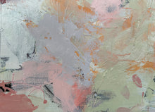Detail of the abstract painting with textured impasto brushstrokes in soft pink, gray, sage green, and warm peach-orange tones.