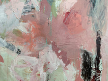 Detail of the abstract painting with textured brushstrokes in soft pink, dusty rose, sage green, off-white, and black.