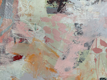 Detail of the abstract painting with layered brushstrokes in soft pink, beige, gray, orange, white, and small red accents.