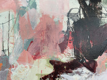 Detail of the abstract painting with expressive brushstrokes in black, dusty pink, sage green, cream, and white.