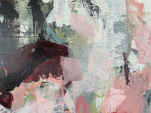 Detail of the abstract mixed-media painting with layered brushstrokes in dusty pink, charcoal gray, off-white, burgundy, and muted sage green.