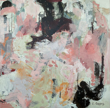 Contemporary abstract painting featuring soft pink, white, pale green and ochre layers intersected by expressive black forms. Dark structural elements emerge from a luminous field of textured gestures, creating a balance between openness and tension.