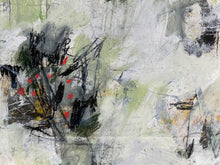 Detail of the painting showing black, white, and red brush strokes on a textured surface