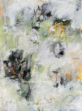 Abstract painting with layered white, pale green, and grey passages, accented by delicate black drawing marks, small red details, and soft ochre traces, creating a quiet atmosphere of emergence and concealment.