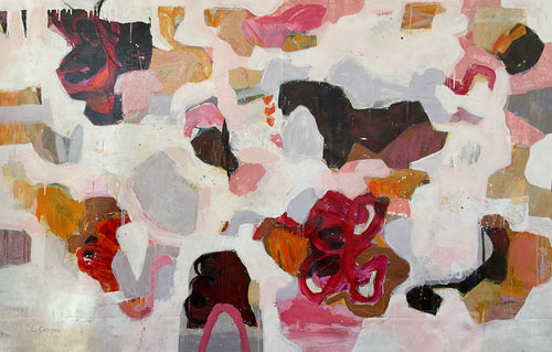 Large abstract painting with soft pink, white, and grey background; layered dark shapes in black, brown, and ochre; overlaid with swirling brushstrokes in magenta, red-magenta, and yellow-orange.