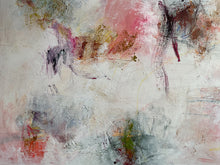 Detail of the abstract painting with textured brushstrokes in soft pink, gray, white, brown, and hints of green and purple, filling the entire frame.