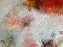 Detail of the abstract painting with textured brushstrokes in red, pink, gray, beige, and brown.